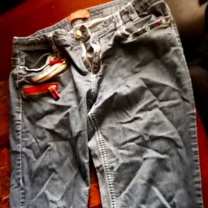 Red, zip pocket, jeans